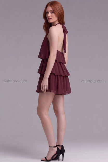 Burgundy Chiffon Tiered Ruffle Halter Romper burgundy chiffon tiered romper - product view 3