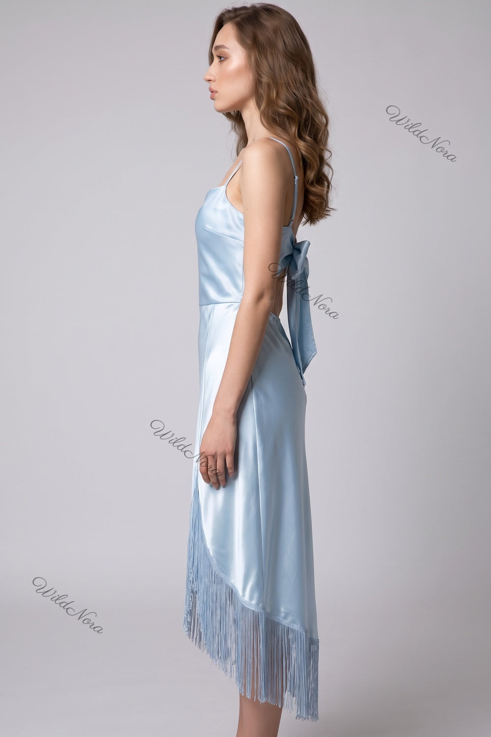 Light Blue Satin Slip Dress with Fringe Trim light blue satin dress - product view 5