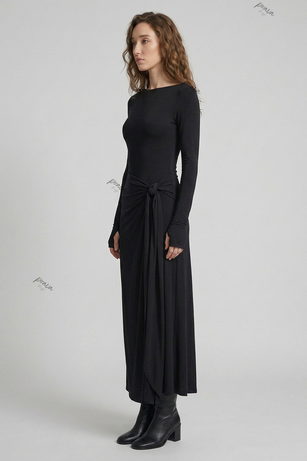Black Stretch Jersey Maxi Dress with Draped Skirt and Thumbhole Sleeves black stretch jersey knit maxi dress - product view 5