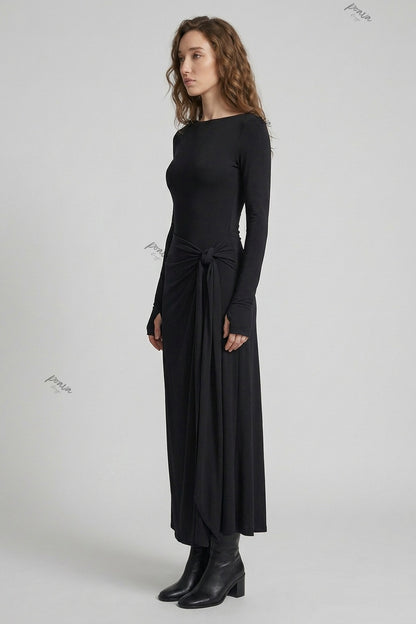 Black Stretch Jersey Maxi Dress with Draped Skirt and Thumbhole Sleeves black stretch jersey knit maxi dress - product view 5