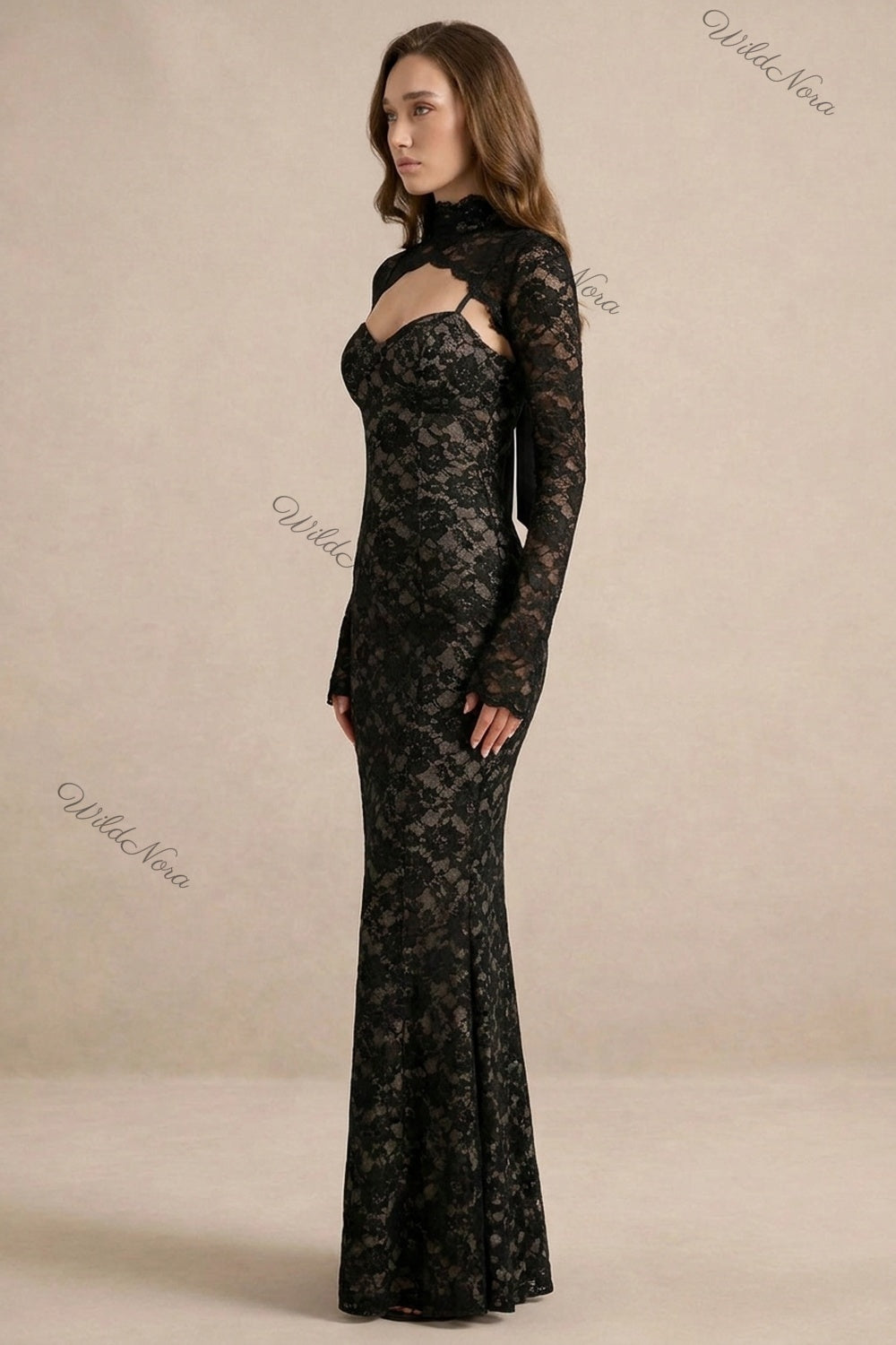 Black Floral Lace Mermaid Two-Piece Dress Set black floral lace two-piece dress set - product view 5