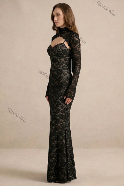 Black Floral Lace Mermaid Two-Piece Dress Set black floral lace two-piece dress set - product view 5