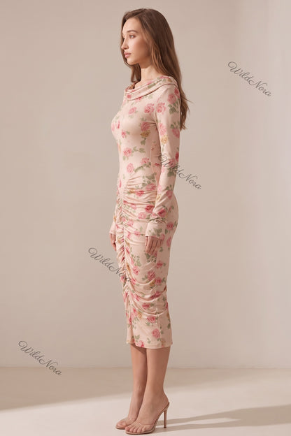 Pale Pink Floral Bodycon Sheath Dress pale pink, beige stretch jersey knit dress - product view 5