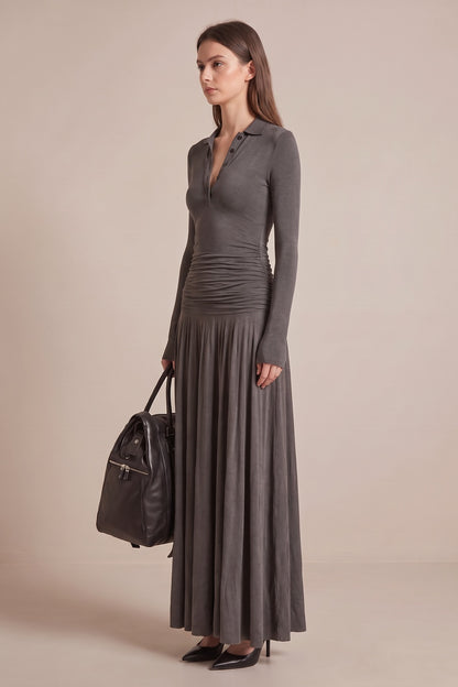 Grey Ruched Maxi Dress with Polo Collar Premium Fabric - product view 5