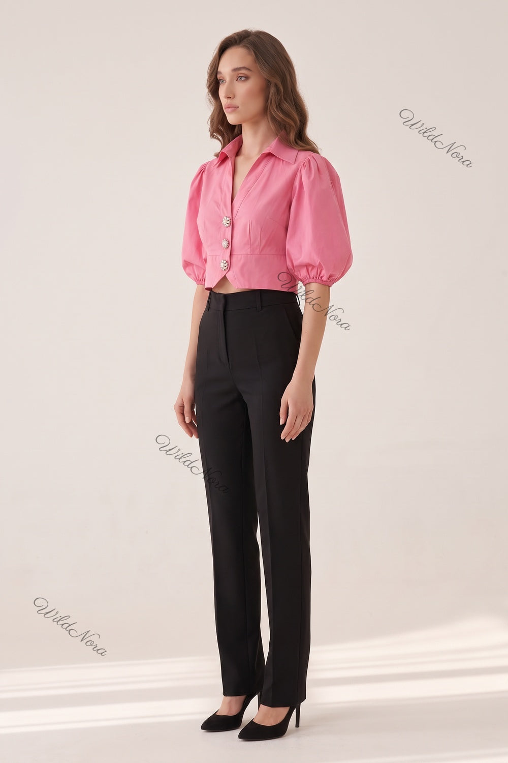 Pink Cotton Poplin Cropped Blouse with Voluminous Puff Sleeves pink cotton poplin cropped blouse - product view 5