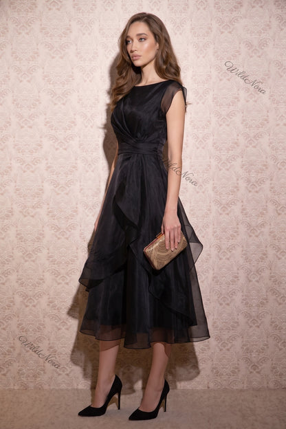 Black Sheer Organza Tiered Fit-and-Flare Midi Dress black sheer organza or chiffon midi dress - product view 5