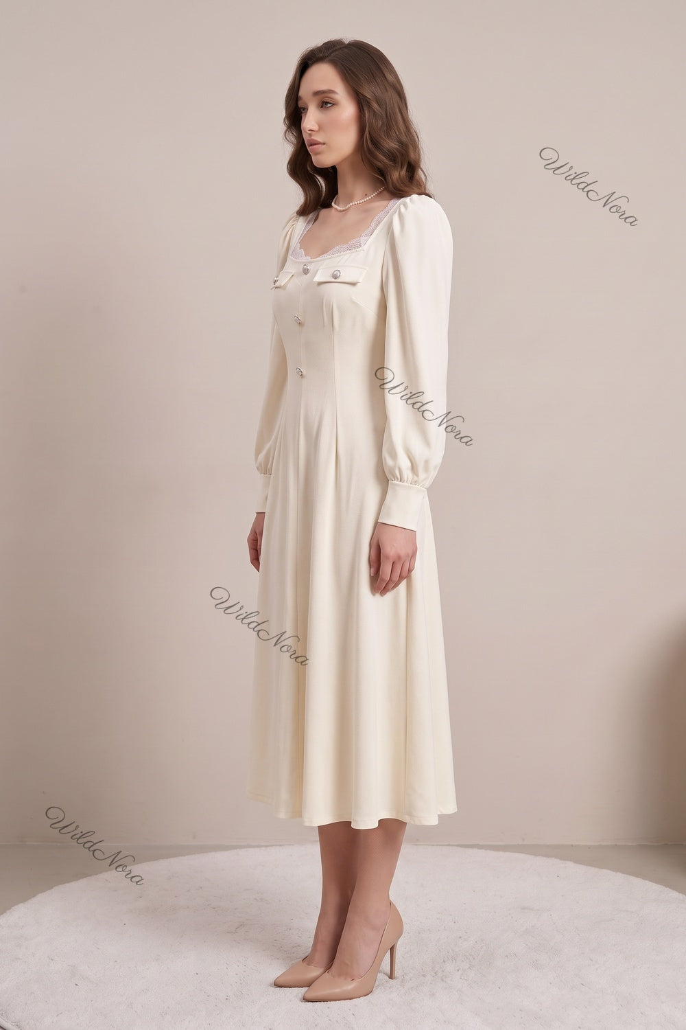 Cream A-Line Midi Dress with Lace Insert and Bishop Sleeves cream mid-weight woven crepe midi dress - product view 4