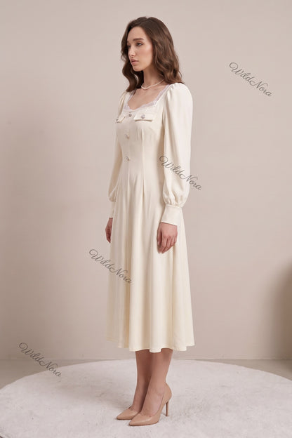 Cream A-Line Midi Dress with Lace Insert and Bishop Sleeves cream mid-weight woven crepe midi dress - product view 4