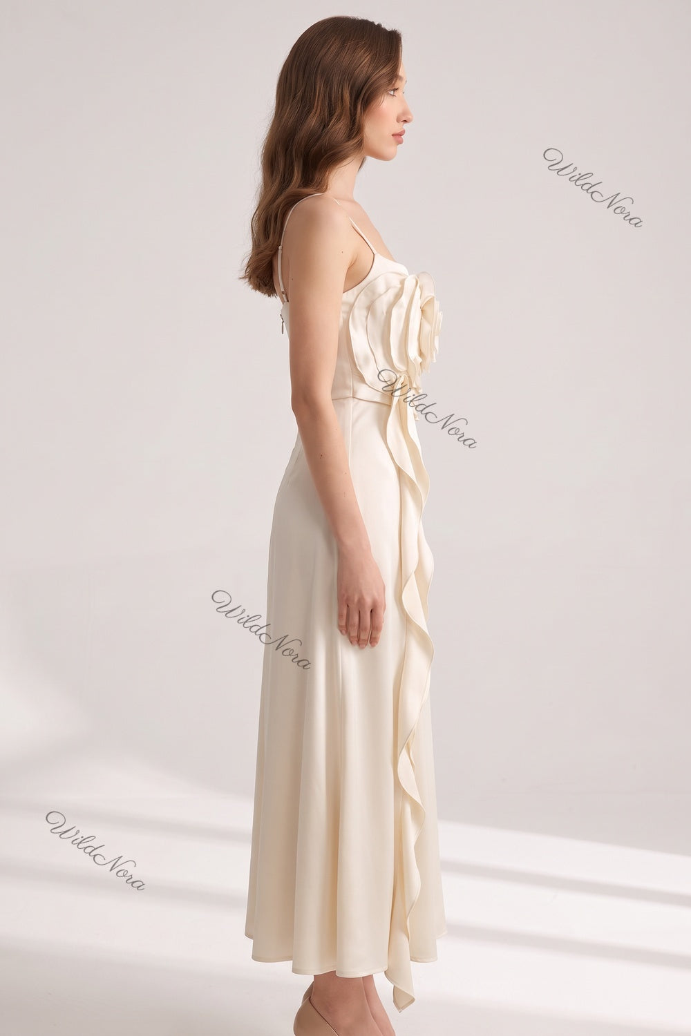 Cream Satin A-Line Slip Dress with 3D Rose Detail cream, off-white satin dress - product view 5