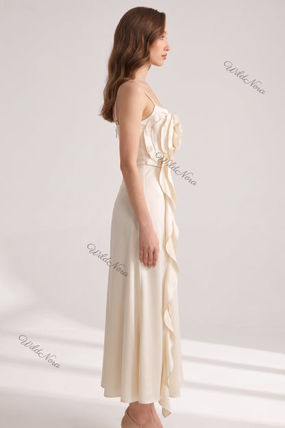 Cream Satin A-Line Slip Dress with 3D Rose Detail cream, off-white satin dress - product view 5