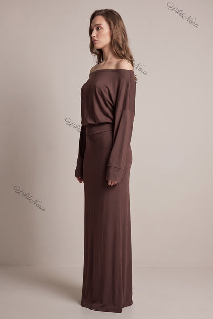 Chocolate Brown Jersey Knit Blouson Maxi Dress chocolate brown jersey knit maxi dress - product view 5