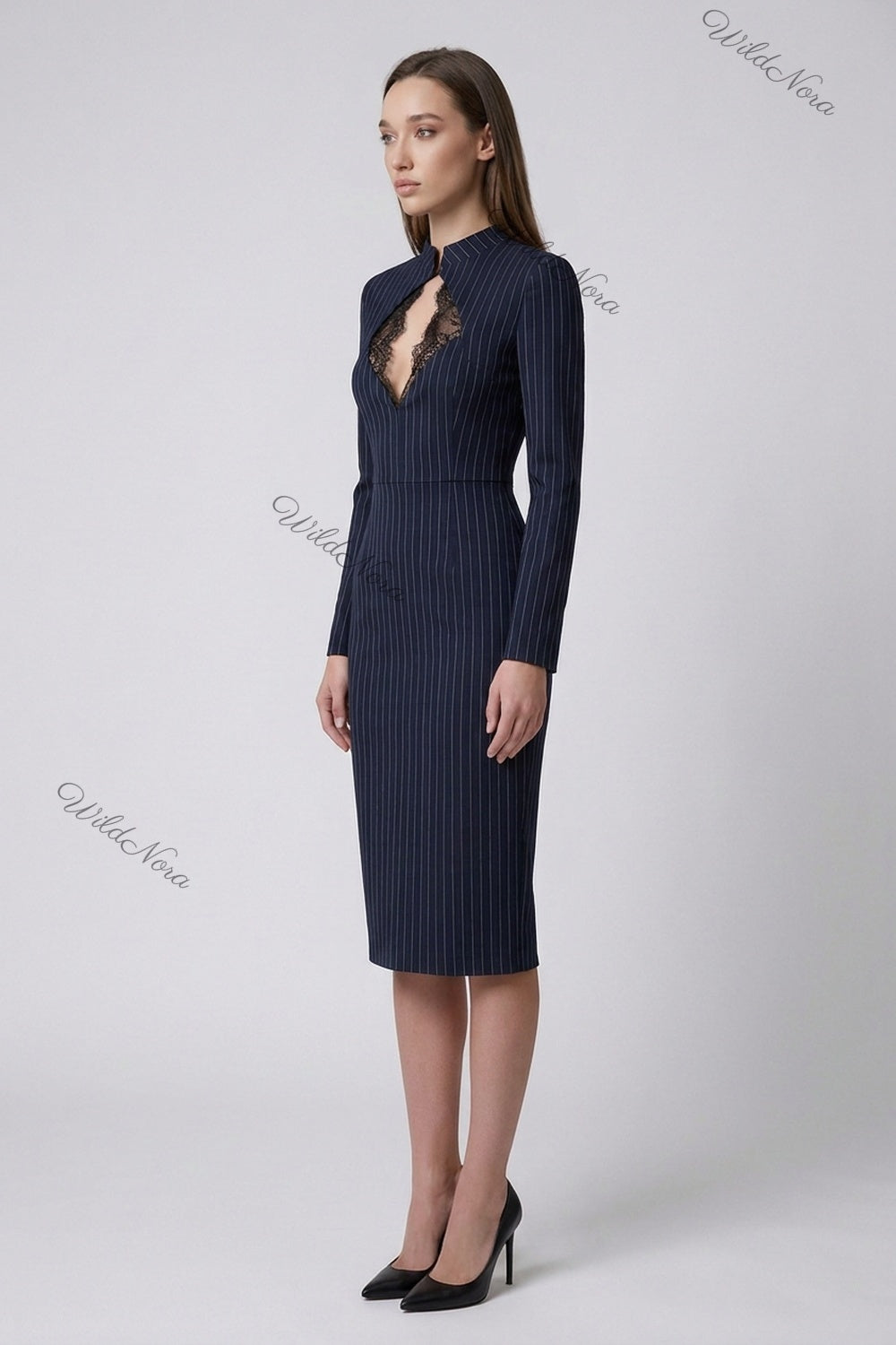 Navy Blue Pinstripe Sheath Dress With Lace Keyhole Cutout navy blue structured woven suiting dress - product view 5