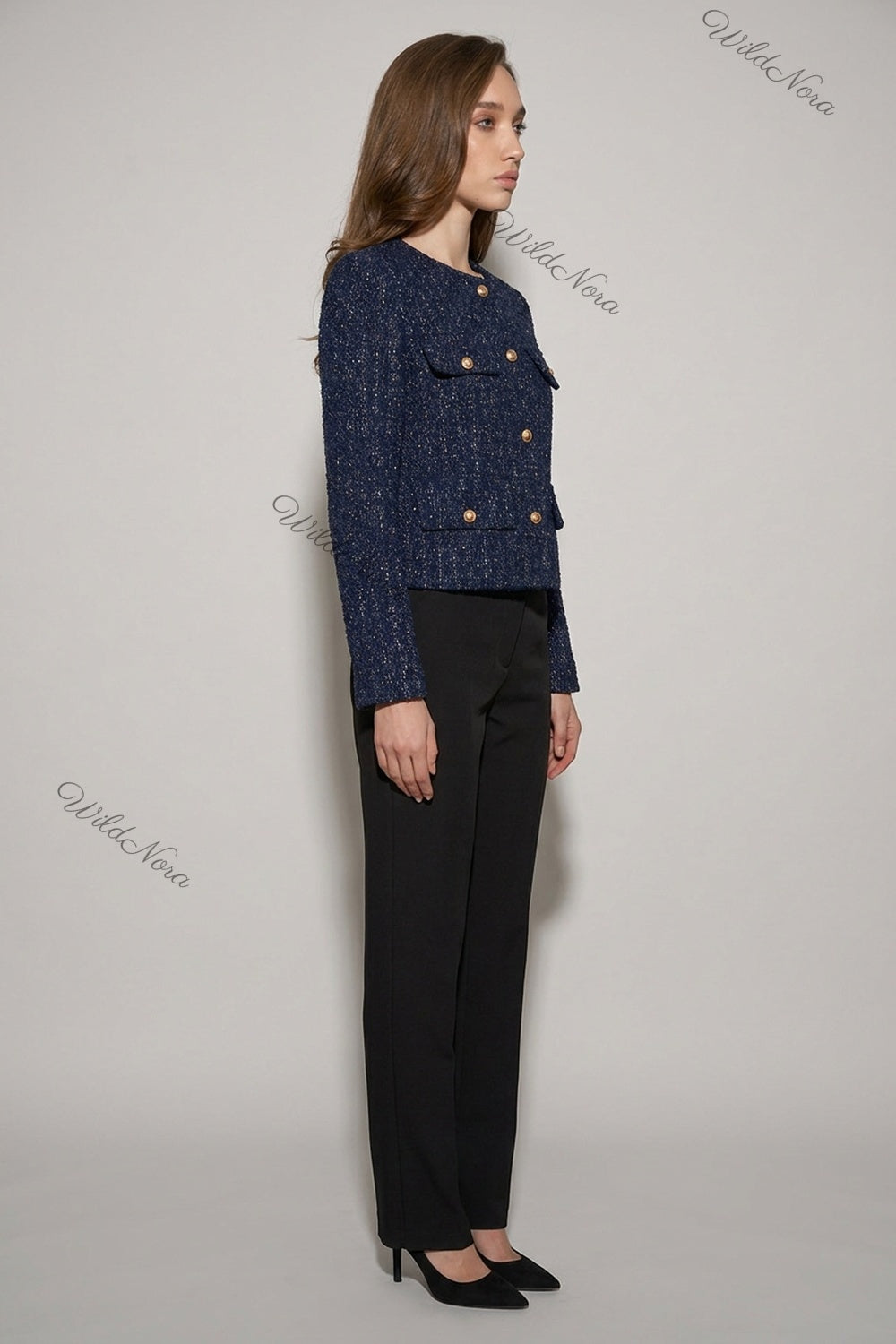 Navy Blue Tweed Boxy Cropped Jacket navy blue tweed jacket - product view 5