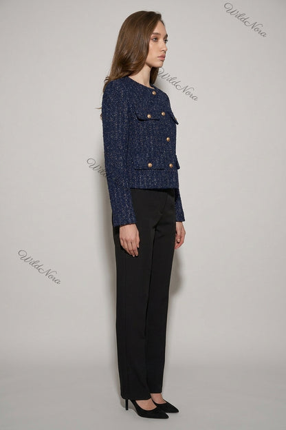 Navy Blue Tweed Boxy Cropped Jacket navy blue tweed jacket - product view 5