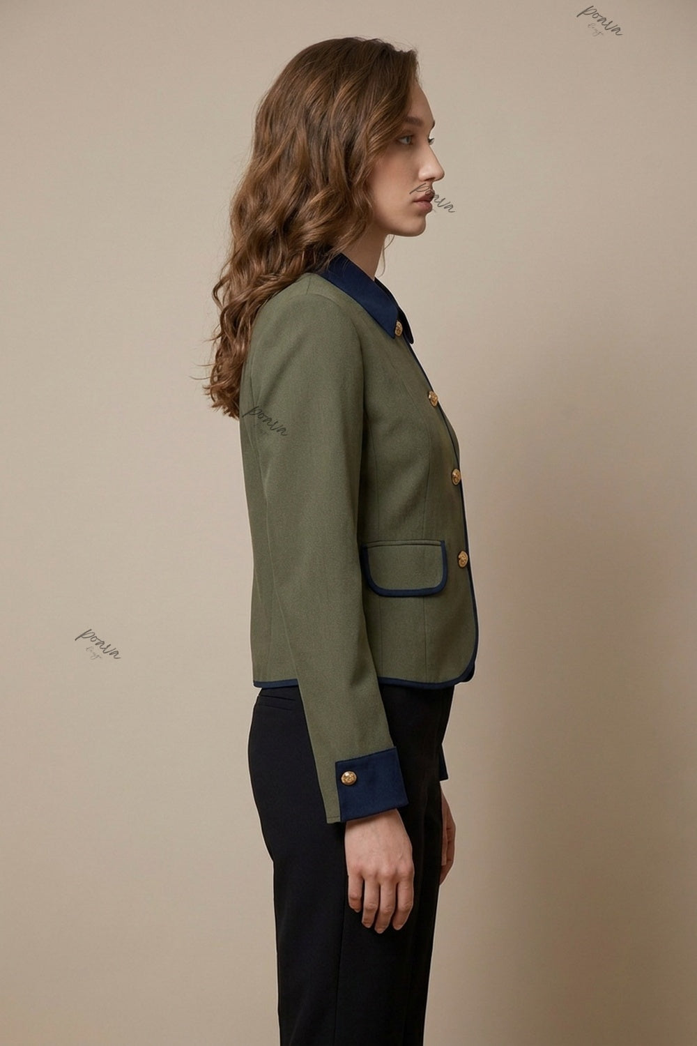 Olive Green Structured Boxy Cropped Jacket with Navy Contrast Trim olive green woven suiting fabric cropped jacket - product view 5