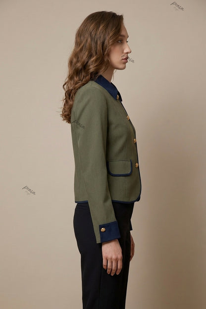 Olive Green Structured Boxy Cropped Jacket with Navy Contrast Trim olive green woven suiting fabric cropped jacket - product view 5