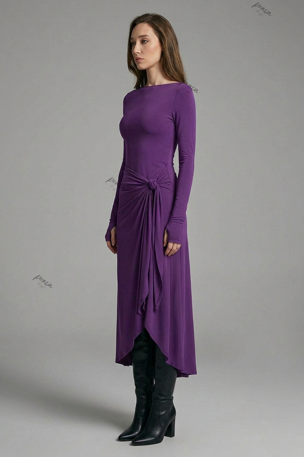 Purple Stretch Jersey Slim-Fit Bodice with Draped Asymmetrical Wrap-Style Skirt Maxi Dress purple stretch jersey maxi dress - product view 3