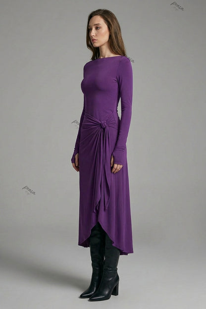 Purple Stretch Jersey Slim-Fit Bodice with Draped Asymmetrical Wrap-Style Skirt Maxi Dress purple stretch jersey maxi dress - product view 3