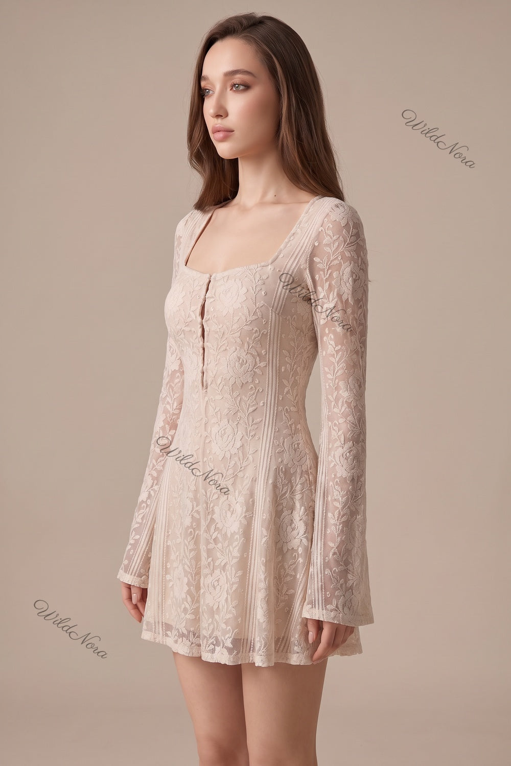 Beige Floral Lace Overlay Fit-and-Flare Mini Dress beige, cream floral lace overlay mini dress - product view 3