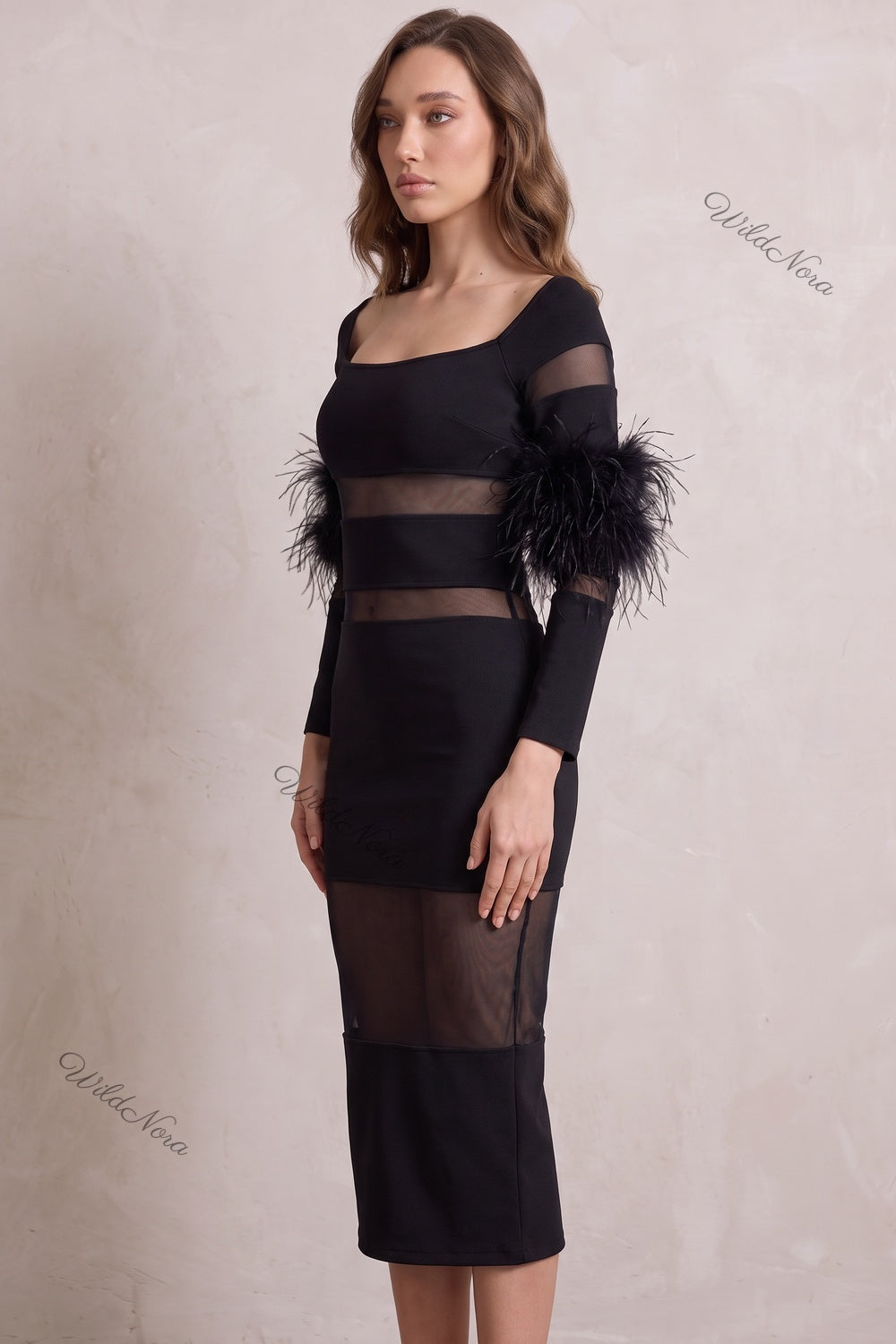 Black Structured Stretch Knit Sheath Dress with Feather Trim black heavy structured stretch knit dress - product view 5