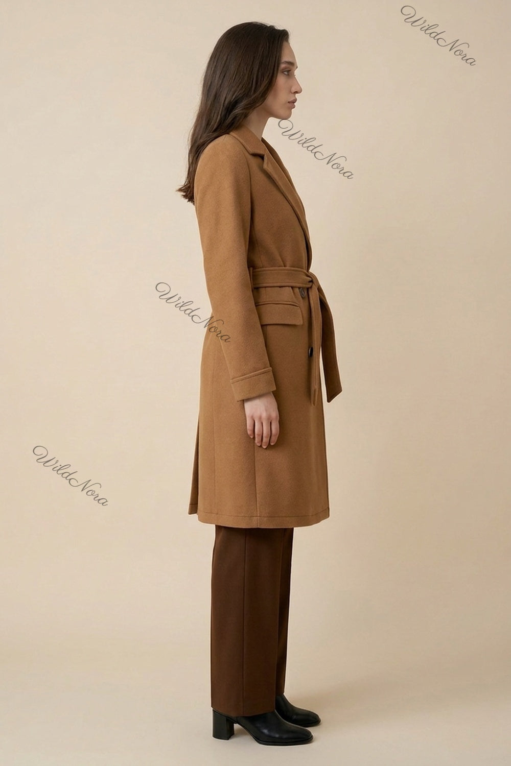 Camel Wool-Blend Felt Tailored A-Line Coat camel, tan wool-blend felt coat - product view 5