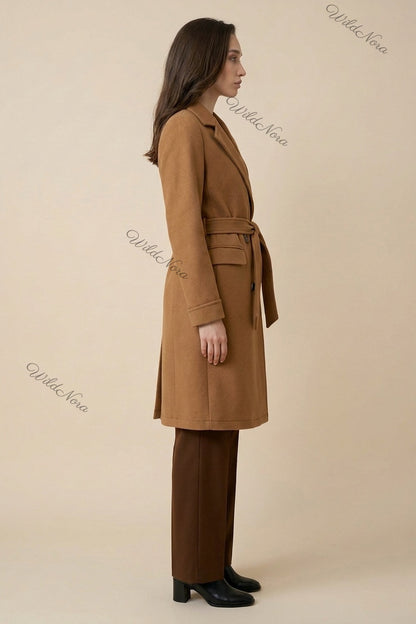 Camel Wool-Blend Felt Tailored A-Line Coat camel, tan wool-blend felt coat - product view 5
