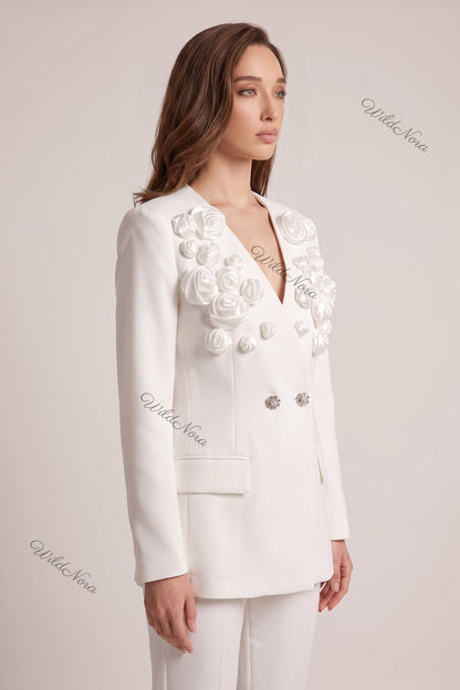 Sculptural Rose Embellished Structured Crepe Blazer in White white structured crepe suiting blazer - product view 5