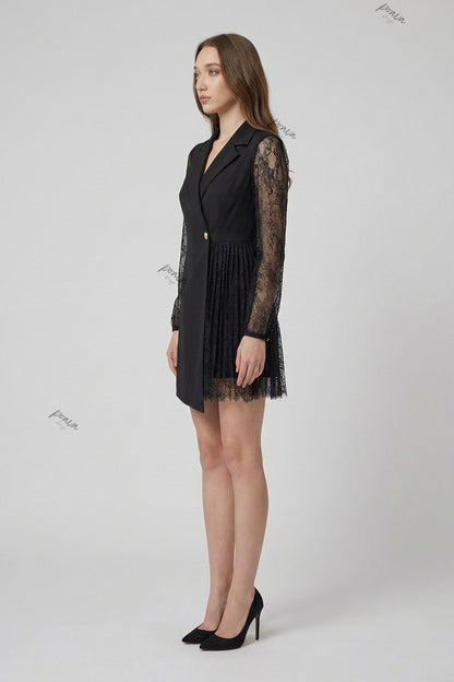 Black Structured Crepe Blazer Dress with Floral Lace Sleeves black structured woven crepe blazer dress - product view 5