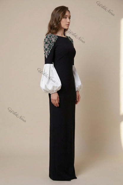 Black Column Evening Gown with Crystal Shoulders & White Puff Sleeves black heavy matte crepe evening gown - product view 5