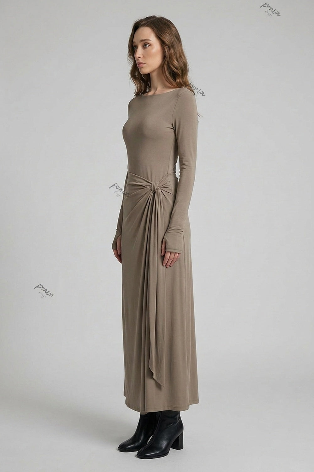 Taupe Stretch Jersey Knit Slim-Fit Bodice with Draped Skirt Maxi Dress taupe, milk tea brown stretch jersey knit maxi dress - product view 5