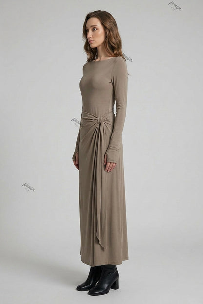 Taupe Stretch Jersey Knit Slim-Fit Bodice with Draped Skirt Maxi Dress taupe, milk tea brown stretch jersey knit maxi dress - product view 5