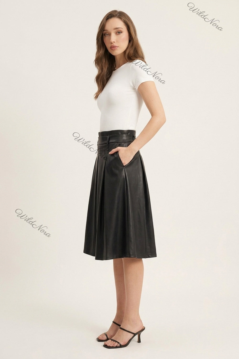 Black Faux Leather A-Line Pleated Midi Skirt black faux leather skirt - product view 5