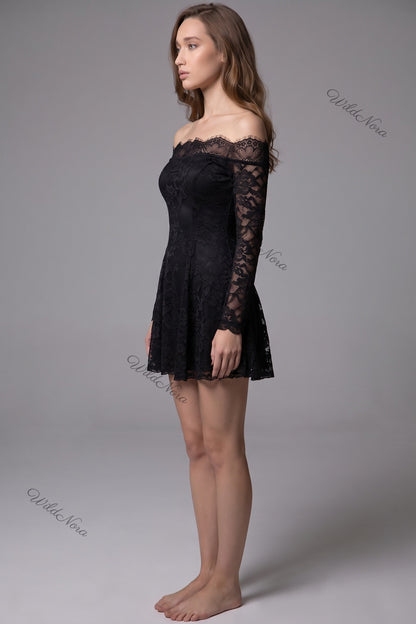 Black Floral Lace A-Line Skater Dress black floral lace dress - product view 3