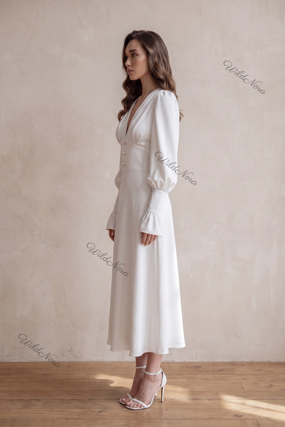 White Crepe A-Line Midi Dress with Pearl Button Details white crepe dress - product view 5