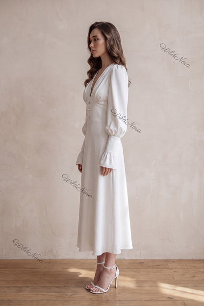 White Crepe A-Line Midi Dress with Pearl Button Details white crepe dress - product view 5