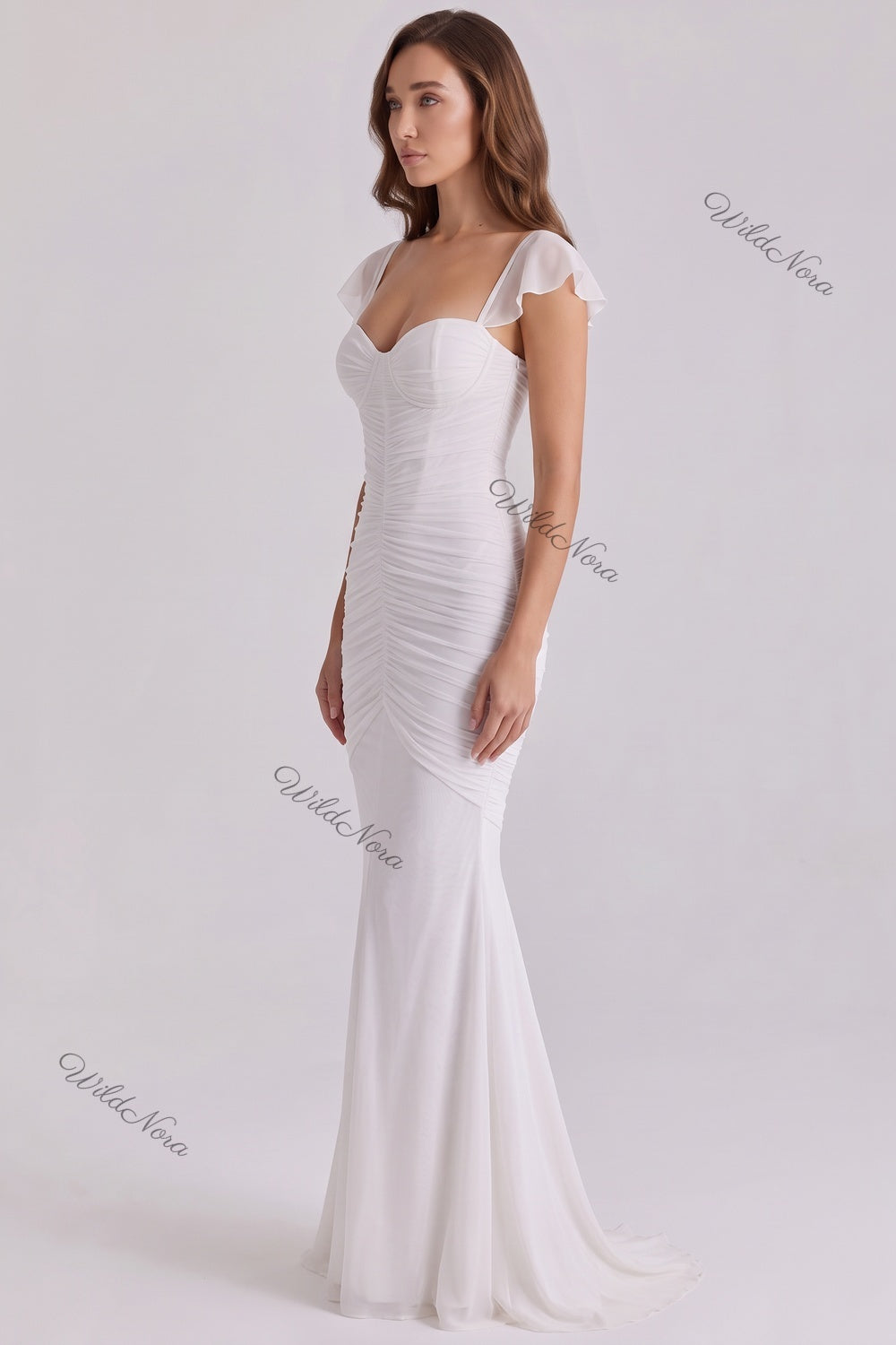 WildNora White Mermaid Ruched Mesh Gown white mesh gown - product view 5