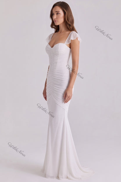WildNora White Mermaid Ruched Mesh Gown white mesh gown - product view 5