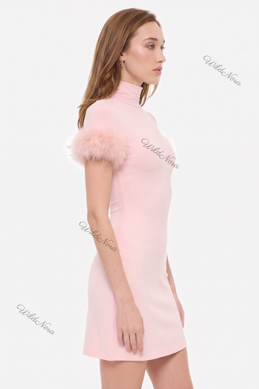 Light Pink Mock Neck Mini Dress with Feather Trim light pink stretch knit jersey dress - product view 5