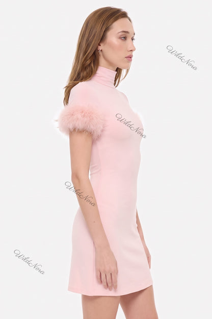 Light Pink Mock Neck Mini Dress with Feather Trim light pink stretch knit jersey dress - product view 5