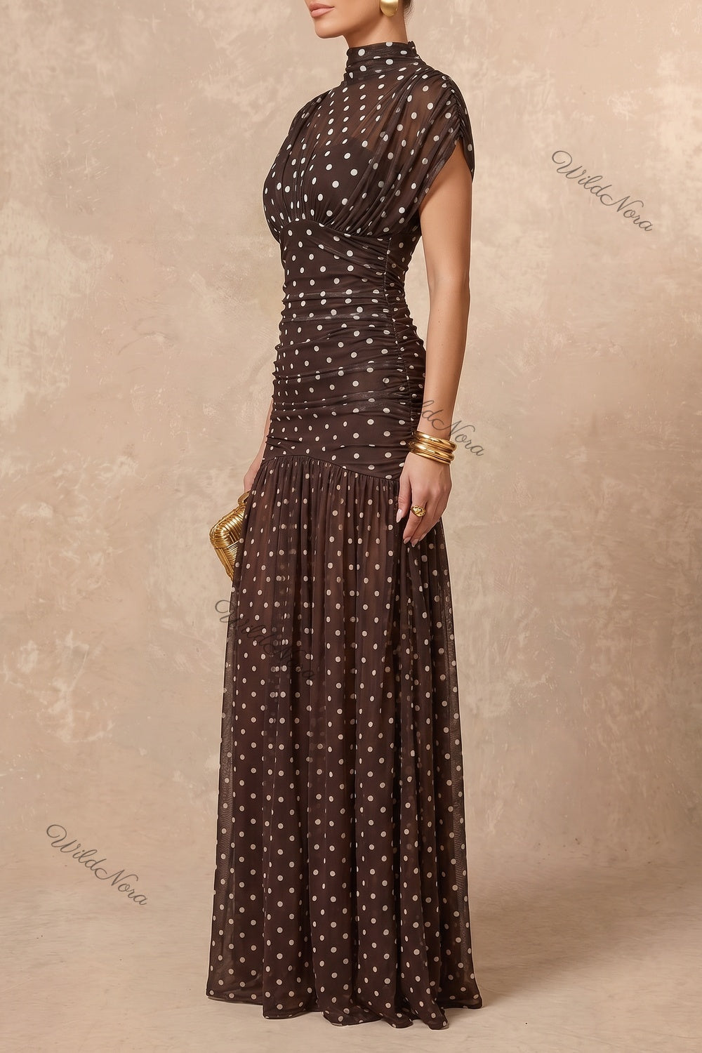 Dark Brown Polka Dot Sheer Mesh Mermaid Dress with Dropped Waist dark brown sheer mesh dress - product view 5