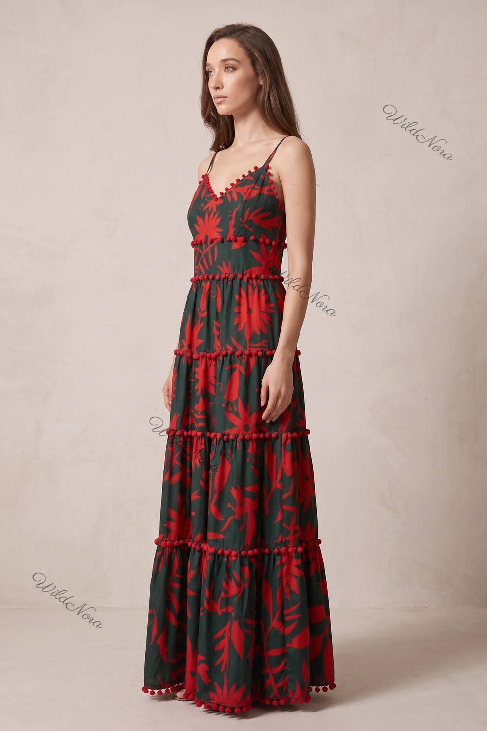 Dark Forest Green Tiered Maxi Dress with Red Botanical Print and Pom-Pom Trim dark forest green lightweight woven synthetic tiered maxi dress - product view 5