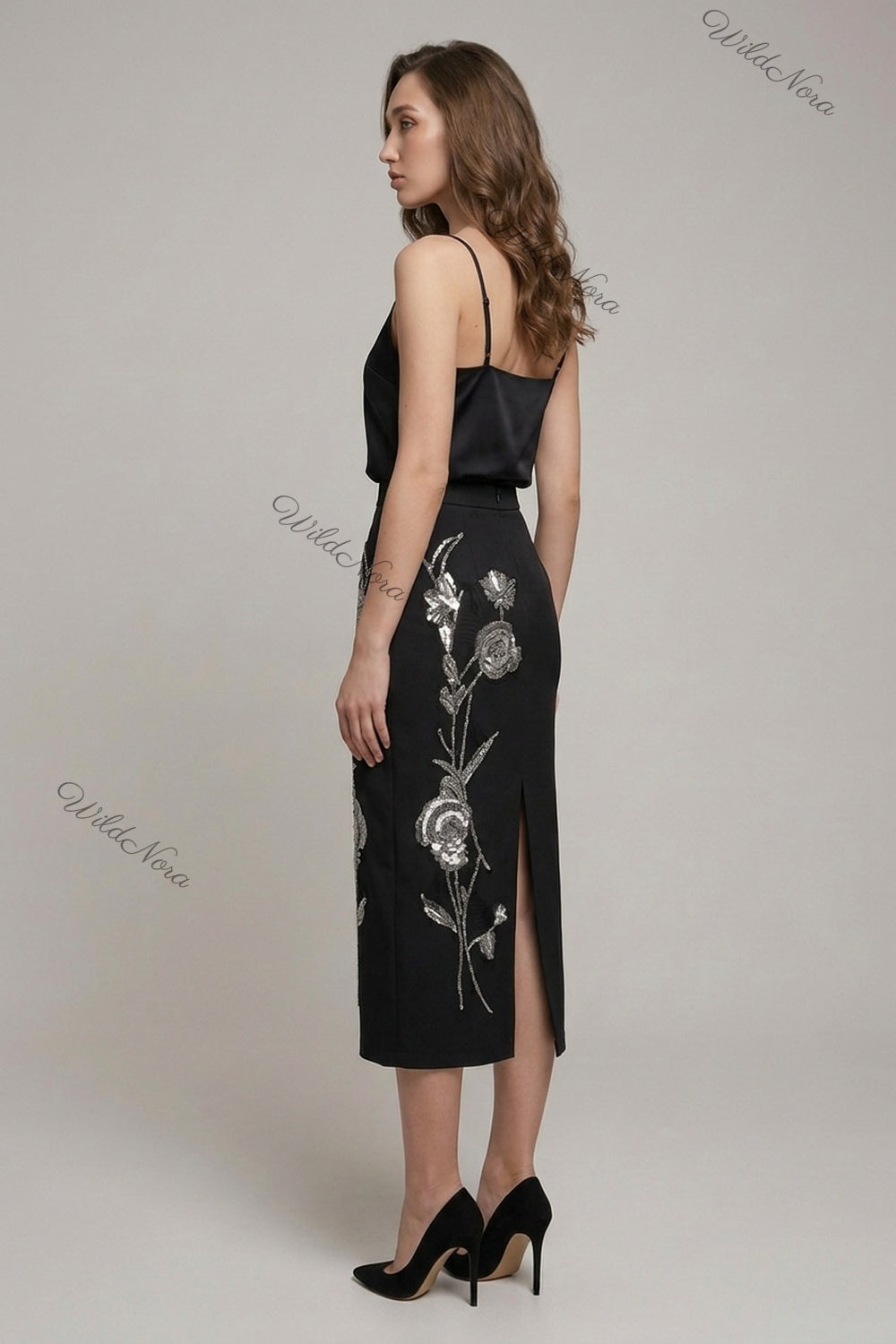Black Structured Crepe Straight Midi Skirt with Silver Floral Beadwork black structured woven crepe skirt - product view 5