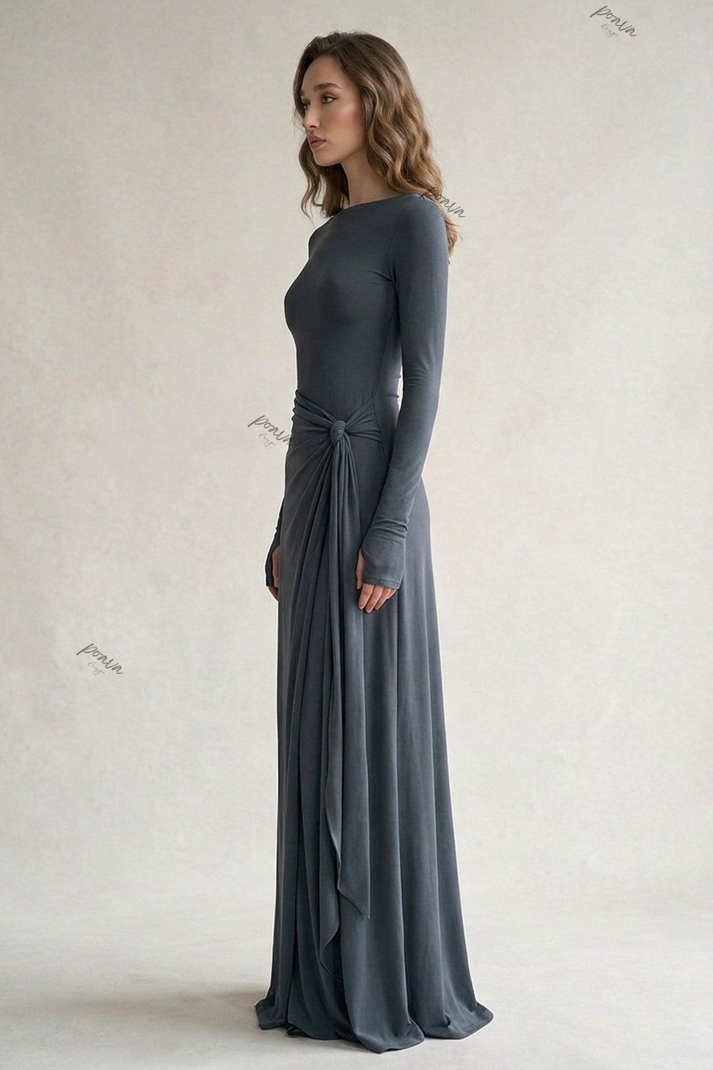 Dark Grey Jersey Knit Dress with Draped Flowing Skirt and Side Knot Detail dark grey jersey knit dress - product view 5