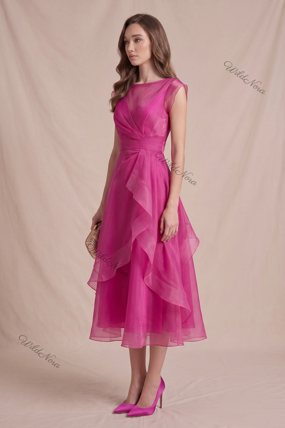 Magenta Organza A-Line Fit-and-Flare Midi Dress magenta organza dress - product view 5