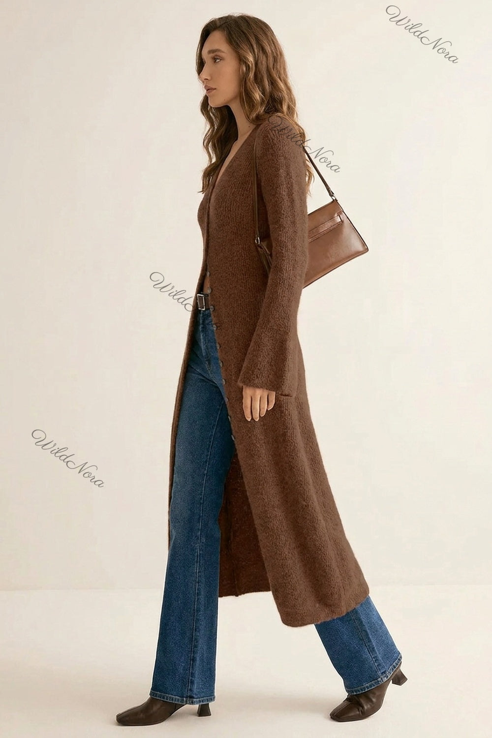 Chocolate Brown Ribbed Knit Longline Cardigan with Bell Sleeves chocolate brown ribbed knit longline cardigan - product view 5