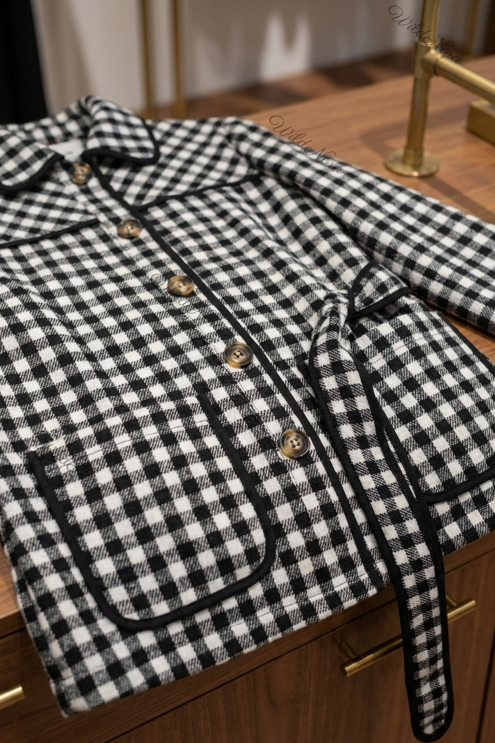 Black & White Gingham Belted Jacket black, white woven wool-blend or flannel belted jacket - product view 6