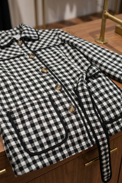 Black & White Gingham Belted Jacket black, white woven wool-blend or flannel belted jacket - product view 6