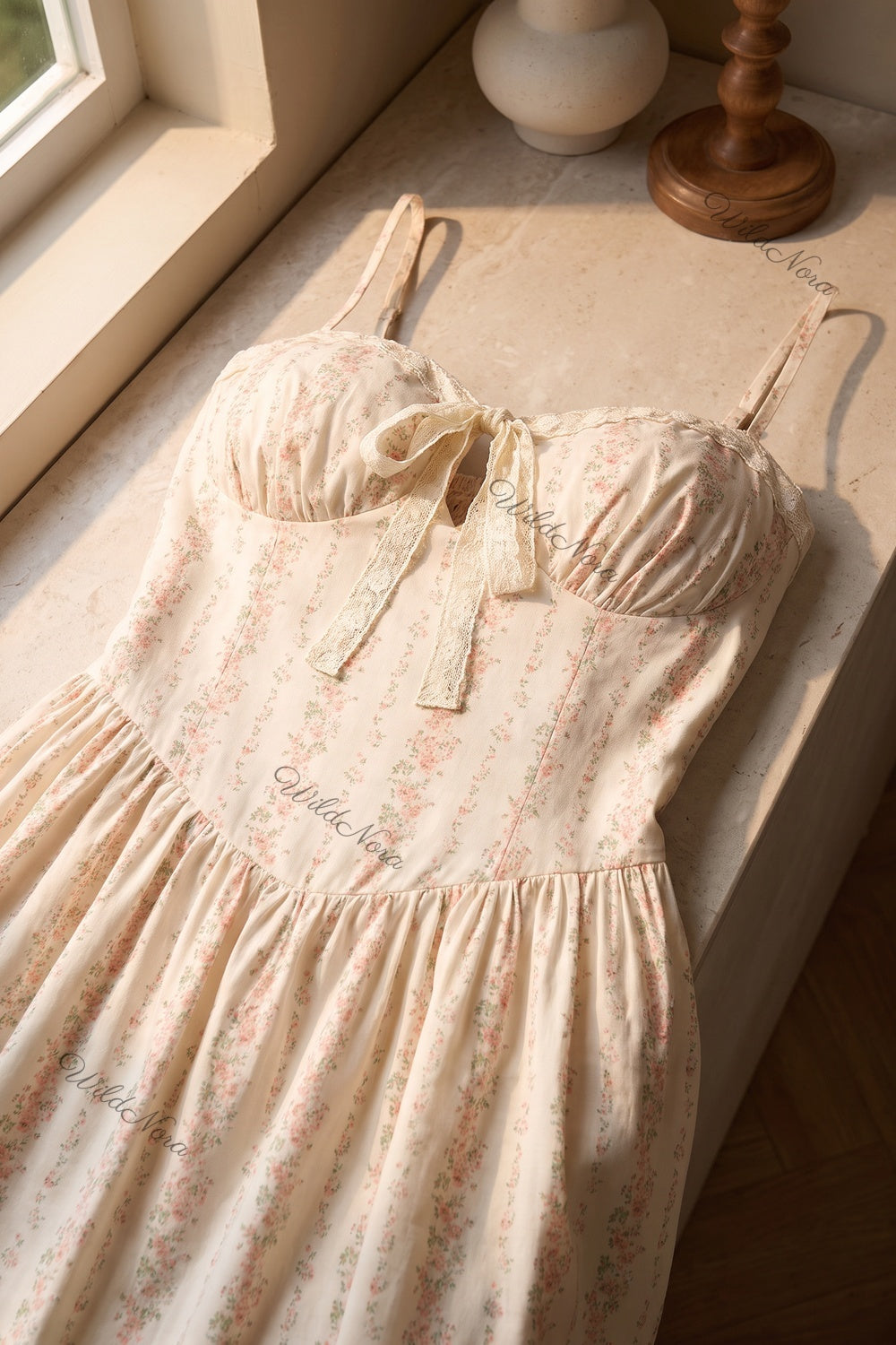 Cream Ditsy Floral Maxi Dress with Smocked Bodice cream, off-white lightweight woven cotton-blend maxi dress - product view 6