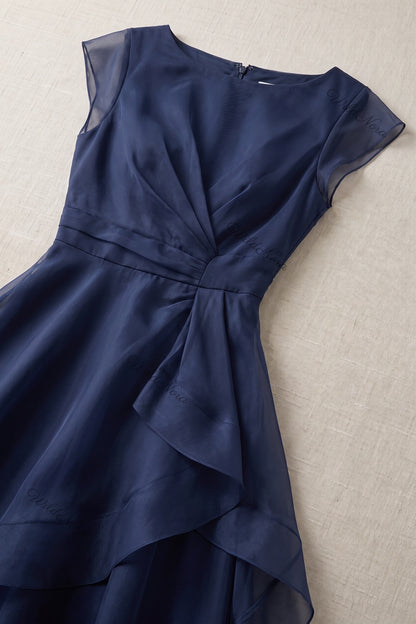 Navy Blue Organza A-line Midi Dress with Ruffle Skirt navy blue organza dress - product view 4