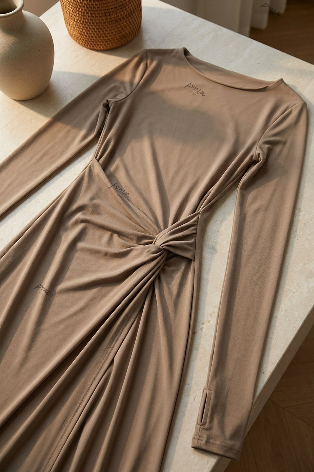 Taupe Stretch Jersey Knit Slim-Fit Bodice with Draped Skirt Maxi Dress taupe, milk tea brown stretch jersey knit maxi dress - product view 6